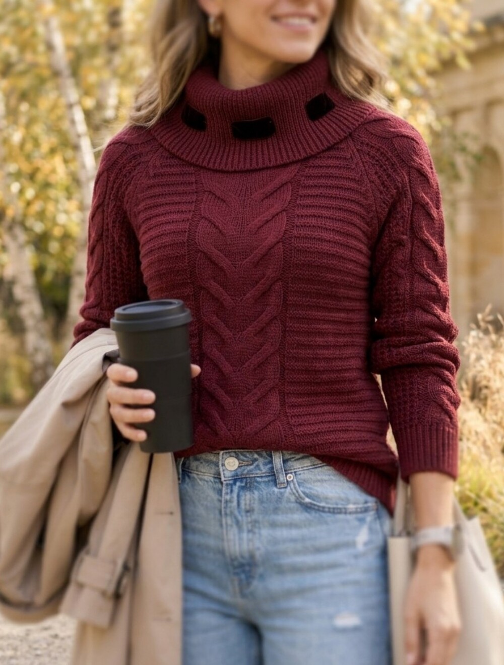 NWT💝Karl Lagerfeld🍷BURGUNDY CHUNK Cable Knit Turtleneck with BLACK RIBBON SZ L